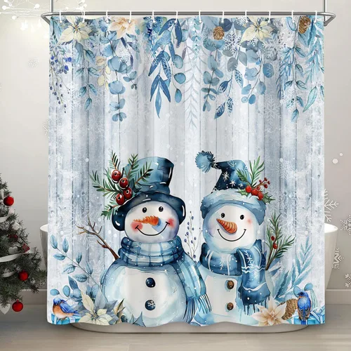 Miniatura 11 de Cortina de ducha de muñeco de nieve de Navidad, bola de Navidad roja, bonita cortina de ducha de muñeco de nieve de invierno, decoración navideña