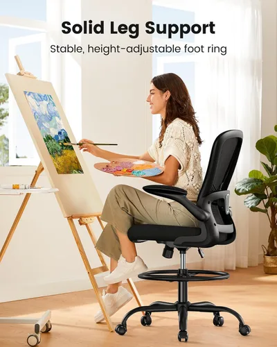 Miniatura 6 de ErGear Silla de dibujo, silla de escritorio de pie con reposabrazos abatibles, silla de escritorio alta altura ajustable, silla de oficina alta Negro