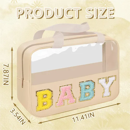 Miniatura 2 de Iqimott Bolsa de bebé con parche de letras de chenilla, bolsa de cosméticos transparente para maquillaje, bolsa grande de almacenamiento