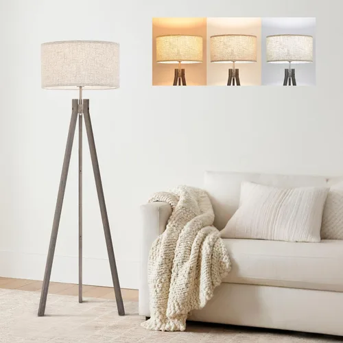 Miniatura 8 de ELYONA Lámpara de pie de trípode de madera estilo granja, lámpara de pie moderna de lectura con bombilla LED de 3 temperaturas de color y pantalla