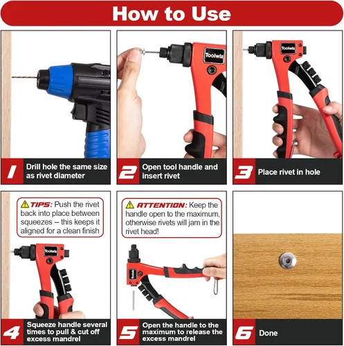 Miniatura 3 de Toolwiz Pistola de remache Kit de pistola de remache de una mano con 200 remaches, 4 cabezales intercambiables sin necesidad de herramientas y 4