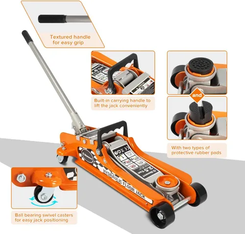 Miniatura 4 de Gato de piso de acero de 2.5 toneladas, gato de piso hidráulico de carreras de bajo perfil con bomba de elevación de pistón simple, rango