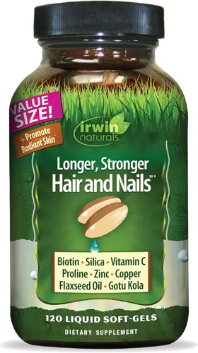 Irwin Naturals Cabello y uñas más largos y fuertes, promueve una textura y fuerza de brillo vibrante, 120 cápsulas blandas líquidas