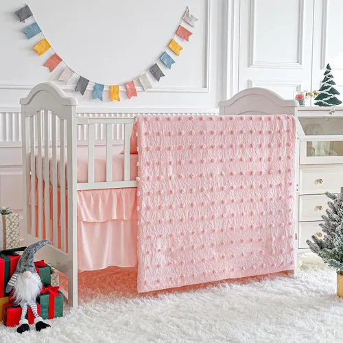 Miniatura 3 de Juego de ropa de cama rosa para cuna, edredón jacquard con lunares copetudos, sábana bajera y falda de cama, bonito bordado, bohemio, shabby chic