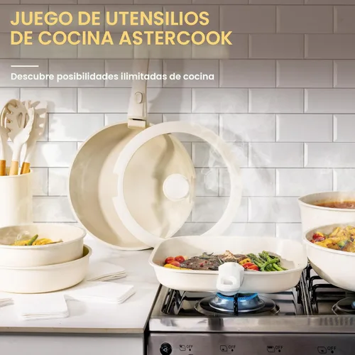 Miniatura 7 de Astercook Juego de 23 ollas y sartenes antiadherentes, juego de utensilios de cocina de cerámica, mango desmontable, juego de cocina de Blanco crema
