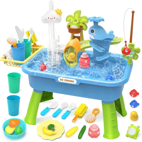 Fregadero de juego de 21 pulgadas de alto con agua corriente, fregadero de cocina 4 en 1 para niños con grifo eléctrico, mini mesa de agua con patas