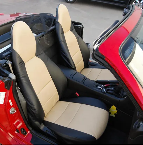 Miniatura 6 de Iggee Diseñado para Mazda Miata 2001-2005, Beige - Funda de asiento de piel sintética hecha a medida, ajuste original