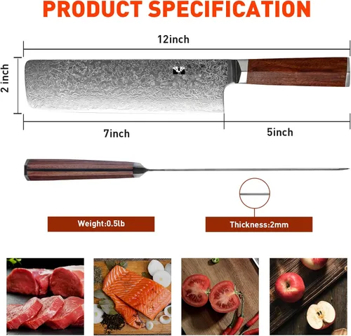 Miniatura 7 de Nakiri - Cuchillo de chef chino de acero de Damasco de 7 pulgadas, VG-10, 67 capas de acero de Damasco, picador profesional de verduras de Damasco