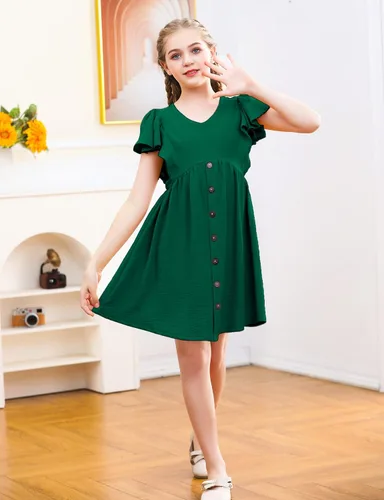 Miniatura 3 de UELoop Girls Summer Ruffle Sleeve Dress 2023 V-Neck Flowy Dress Kids Casual Babydoll Party A-line Swing Dresses 5-14Y