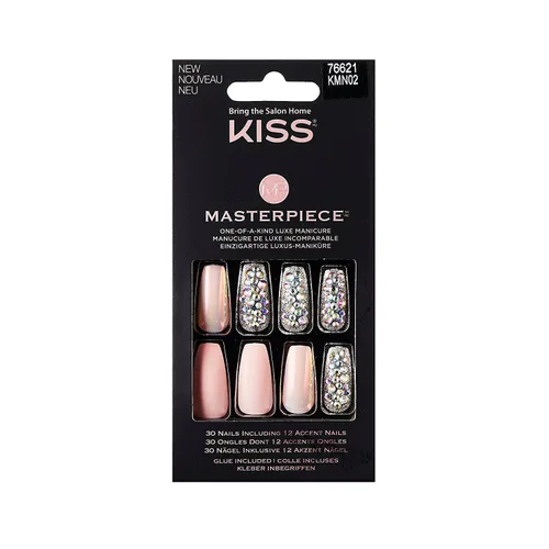 KISS Masterpiece - Manicura de lujo única en su tipo, uñas postizas acrílicas premium con pegamento de gel rosa para uñas, palito de manicura, mini