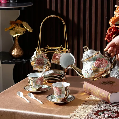 Miniatura 3 de Zhehao Juego de té de porcelana de 20 piezas con soporte de metal y cuchara para adultos, juego de té de cerámica para adultos, pintura de flores