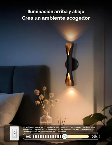 Miniatura 5 de Tubicen Apliques de pared negros y dorados modernos para interiores, iluminación de pared regulable, luces cableadas de 15.7 pulgadas de alto, Negro