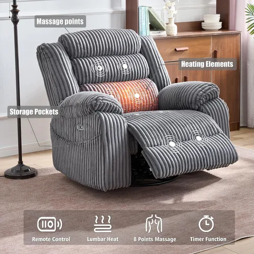 Miniatura 7 de SINCRUMI Silla Mecedora Reclinable con Respaldo y Masaje para Adultos con Calentamiento, Puerto de Carga USB y Tipo-C, Posición Infinita, Sillas
