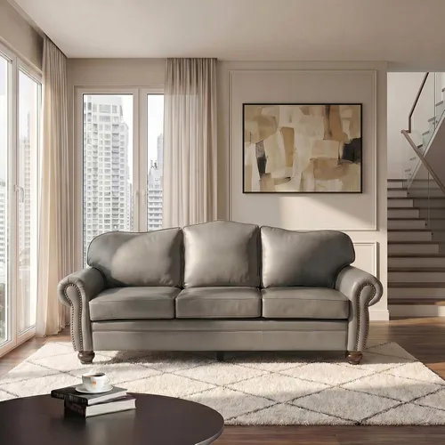 Miniatura 9 de HULALA Home Sofá de cuero genuino de 81 pulgadas con ribete de clavos y reposabrazos enrollados, moderno de mediados de siglo, sofá de 3 plazas