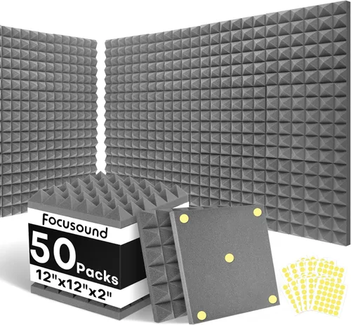Miniatura 14 de Focusound Paneles acústicos, paquete de 24 unidades de 2 x 12 x 12 pulgadas con 120 adhesivos de doble cara, espuma piramidal a prueba de sonido