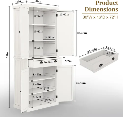 Miniatura 2 de ARTPOWER Armario de almacenamiento de despensa de cocina de 72 pulgadas de alto con cajón y estantes ajustables, armario de despensa para cocina