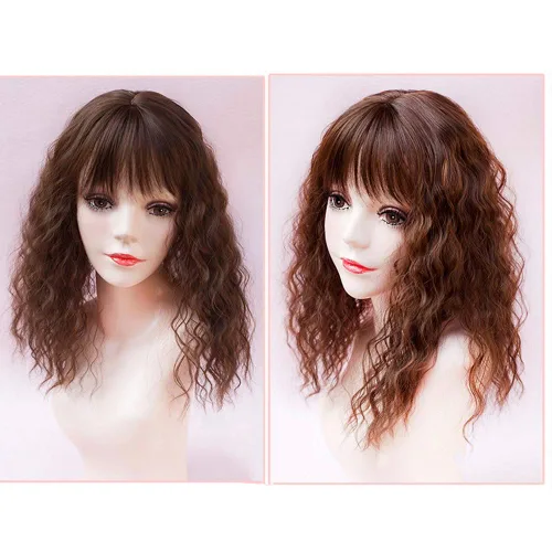 Miniatura 4 de RemeeHi Peluca sintética rizada y ondulada con clip, para pérdida de cabello, con flequillo, para mujer, color marrón oscuro, 18 pulgadas (grueso)