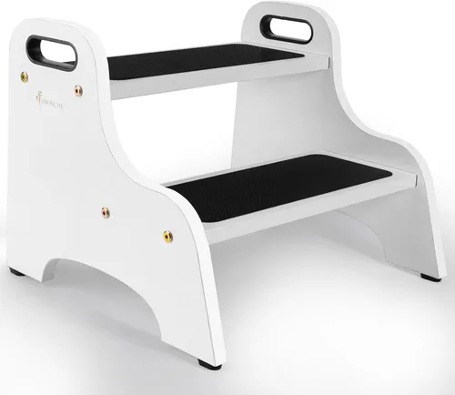 Miniatura 10 de StrongTek Taburetes de madera de 2 escalones para niños, superficie antideslizante segura con asas, capacidad de 350 libras, taburete portátil