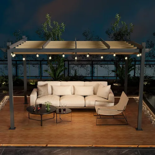 Miniatura 9 de Tangkula Pérgola para exteriores de 10 x 13 pies con toldo retráctil, pabellón de aluminio resistente para patio, terraza, jardín, patio, beige