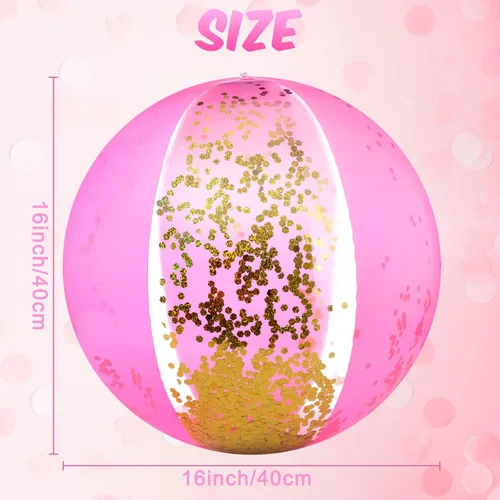 Miniatura 3 de Chivao 12 bolas de playa de color rosa intenso de 16 pulgadas inflables con purpurina grande para piscina, decoración de confeti flotante