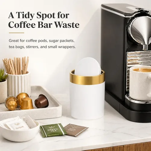 Miniatura 6 de Mini bote de basura con tapa, 1.5 litros/0.4 galones, pequeño cubo de basura de metal con tapa abatible para escritorio, cafetería, tocador, baño