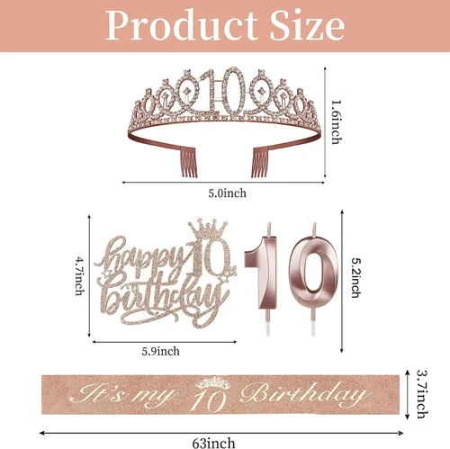 Miniatura 2 de Decoraciones de cumpleaños de 10 años para niñas; banda, corona/tiara, velas y adorno para pastel de cumpleaños de 10 años; regalos y decoraciones