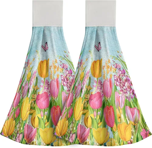 Miniatura 16 de Poppy Flower Hanging Hand Towels Set of 2,17x12 Inch Watercolor Chinoiserie Yellow Black Floral Soft Absorbent Dish Cloth Tie Towel for Kitchen