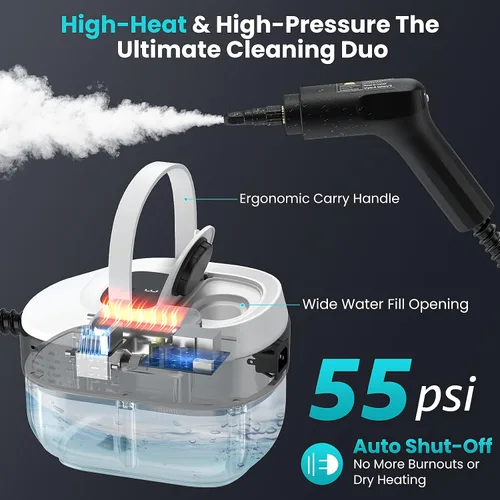Miniatura 4 de Limpiador de vapor de mano para el hogar, vapor de alta presión de 2500 W, calentamiento rápido de 15 segundos, tanque de 1.6 L, limpiador de vapor