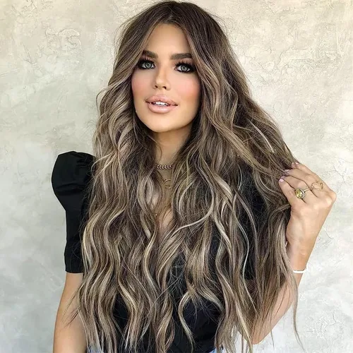 AISI QUEENS Pelucas largas para mujer, onduladas, ombré, raya en medio, color marrón ceniza y rubio decolorado, pelucas rizadas de aspecto natural,