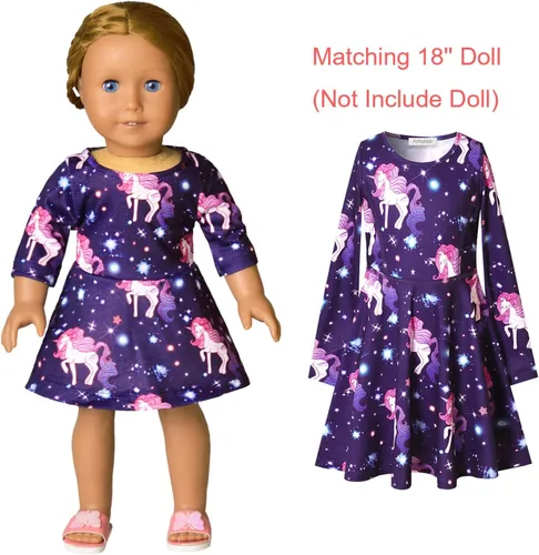 Miniatura 13 de Perfashion Vestidos a juego para niñas y muñecas sin mangas/manga larga, acampanados, faldas de fiesta de unicornio