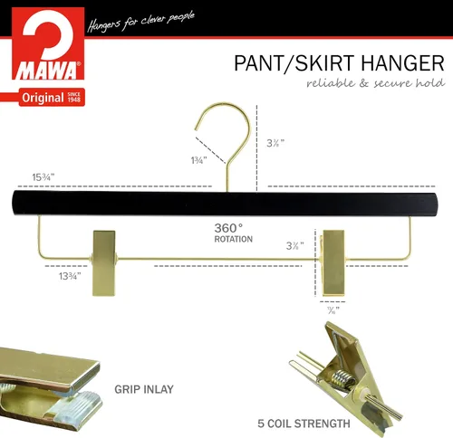 Miniatura 6 de MAWA by Reston Lloyd, Percha de madera europea, percha de madera de haya con clips ajustables para pantalones, gancho dorado giratorio, acabado