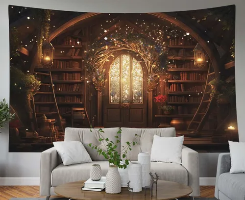 Miniatura 25 de EMMTEEY Tapiz de pared con bosque - Árbol de pino verde y niebla, arte de pared natural, 80x60 pulgadas, tapiz grande de estilo bohemio para sala
