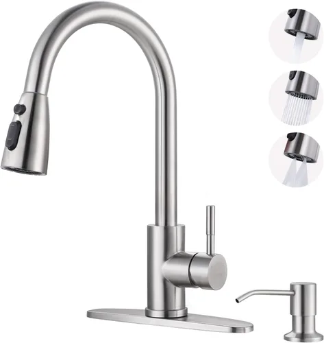Miniatura 20 de WOWOW - Grifo de cocina cromado con rociador, grifo de fregadero de cocina extraíble de acero inoxidable con placa de cubierta, grifo de cocina