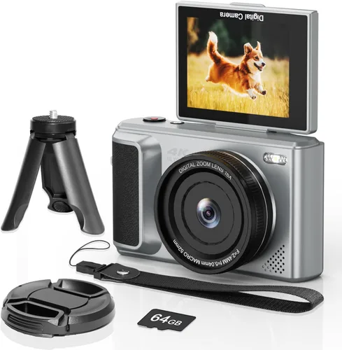 ARNSSIEN Cámara digital 4K con pantalla abatible de 180° de 2.8 pulgadas, cámara fotográfica, diseño fácil de transportar tarjeta de 64 GB para