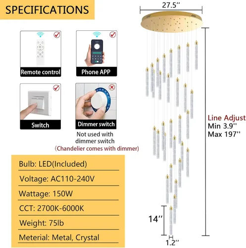 Miniatura 2 de Moderno candelabro LED de 30 luces para sala de estar, comedor y entrada, lámpara colgante dorada de cristal espiral regulable Dorado