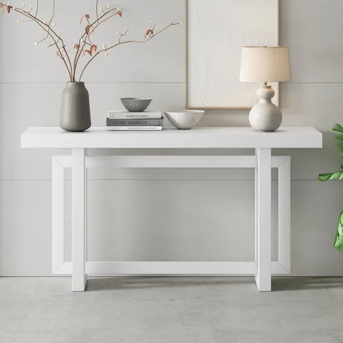 Miniatura 14 de Mesa de entrada de 59.1 pulgadas con chapa de pino, única mesa consola de diseño triple rectangular con patas gruesas de madera de pino, mesa