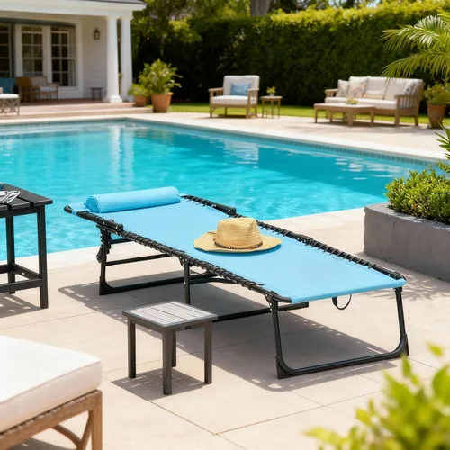 Miniatura 7 de Outsunny Tumbona plegable, silla de bronceado para patio, tumbona para exteriores con respaldo reclinable de 4 posiciones, asiento de malla Azul