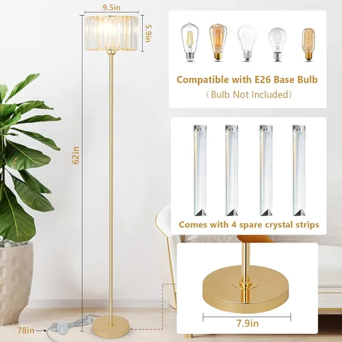 Miniatura 6 de Lámpara de pie dorada HMVPL para sala de estar, lámpara de pie moderna con pantalla de cristal K9, lámpara de pie de latón con interruptor