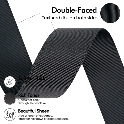 Miniatura 3 de MEEDEE Cinta de grogrén negra de 1 pulgada, 50 yardas por rollo, cinta negra gruesa para suministros de lazos para el cabello, cintas finas