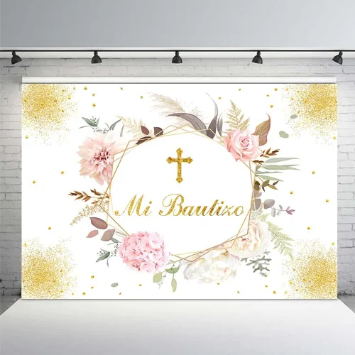 MEHOFOND Mi Bautizo - Telón de fondo dorado con texto en inglés «Bless Mexican Bautismo» para niña, decoración de fiesta de primera comunión,