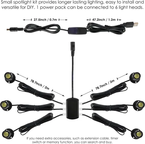 Miniatura 4 de DEDC 6 mini luces LED tipo spot, 1W 5V 6000K, luces para debajo del gabinete, mini focos para exhibiciones con atenuador