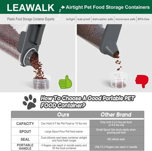 Miniatura 5 de LEAWALK Contenedor de almacenamiento de 5 a 7 libras, recipientes portátiles de comida para mascotas con boquilla grande y taza mejoradas