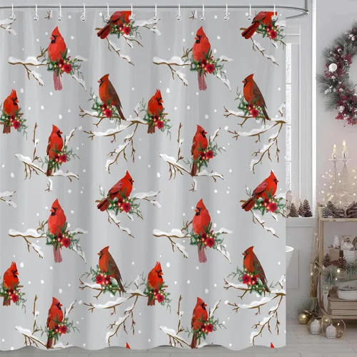 Miniatura 7 de Cortinas de Ducha de Navidad para Baño, Azul Lindo Muñeco de Nieve Árbol de Navidad Invierno Paisaje Natural Juego de Cortinas de Ducha, Tela