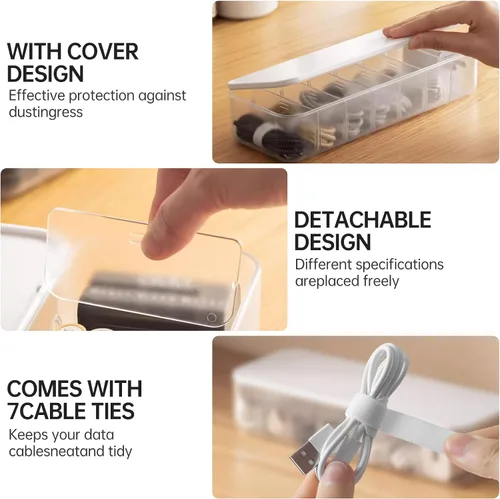 Miniatura 4 de PAVSTINE Organizador de Cables Caja de Almacenamiento con 7 bridas de alambre, caja de organización de cables de escritorio con tapa, organizador