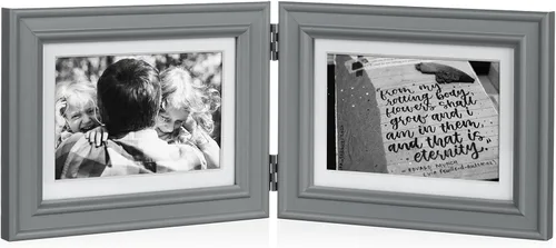 Miniatura 16 de Marco de fotos doble horizontal con bisagras plegable de 4 x 6 pulgadas en madera de pino negro con vidrio real para mesa X3-HEI-2H46