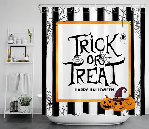 Miniatura 16 de LB Cortina de ducha de Halloween, cementerio de terror, fantasma, gatos negros en árbol, calabaza, cortinas de ducha para baño con ganchos, 60 x 72