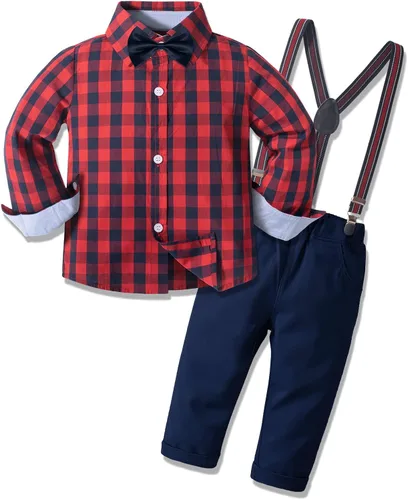 Yilaku Ropa de vestir para niño, conjunto de traje formal con corbatín y pantalones de tirantes, trajes de niño para niño pequeño, trajes de