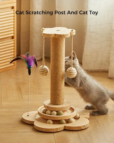 Miniatura 7 de Poste rascador para gatos para gatitos, juguete rascador de madera 4 en 1, poste rascador de 17.7 pulgadas de alto con 2 bolas de pista para gatos