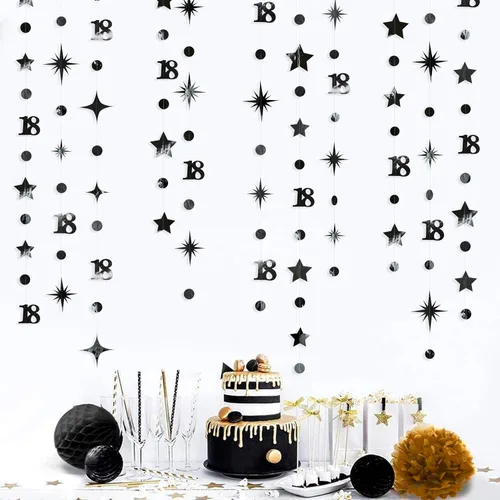 Miniatura 4 de Decoración de cumpleaños número 18 en negro, número 18 con punto circular, guirnalda de estrellas centelleantes, banderines de serpentina metálica