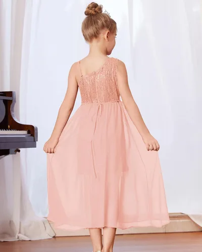 Miniatura 3 de GRACE KARIN Vestido de lentejuelas para niñas, vestido de fiesta de cumpleaños de un hombro, vestidos de graduación 6-14 años